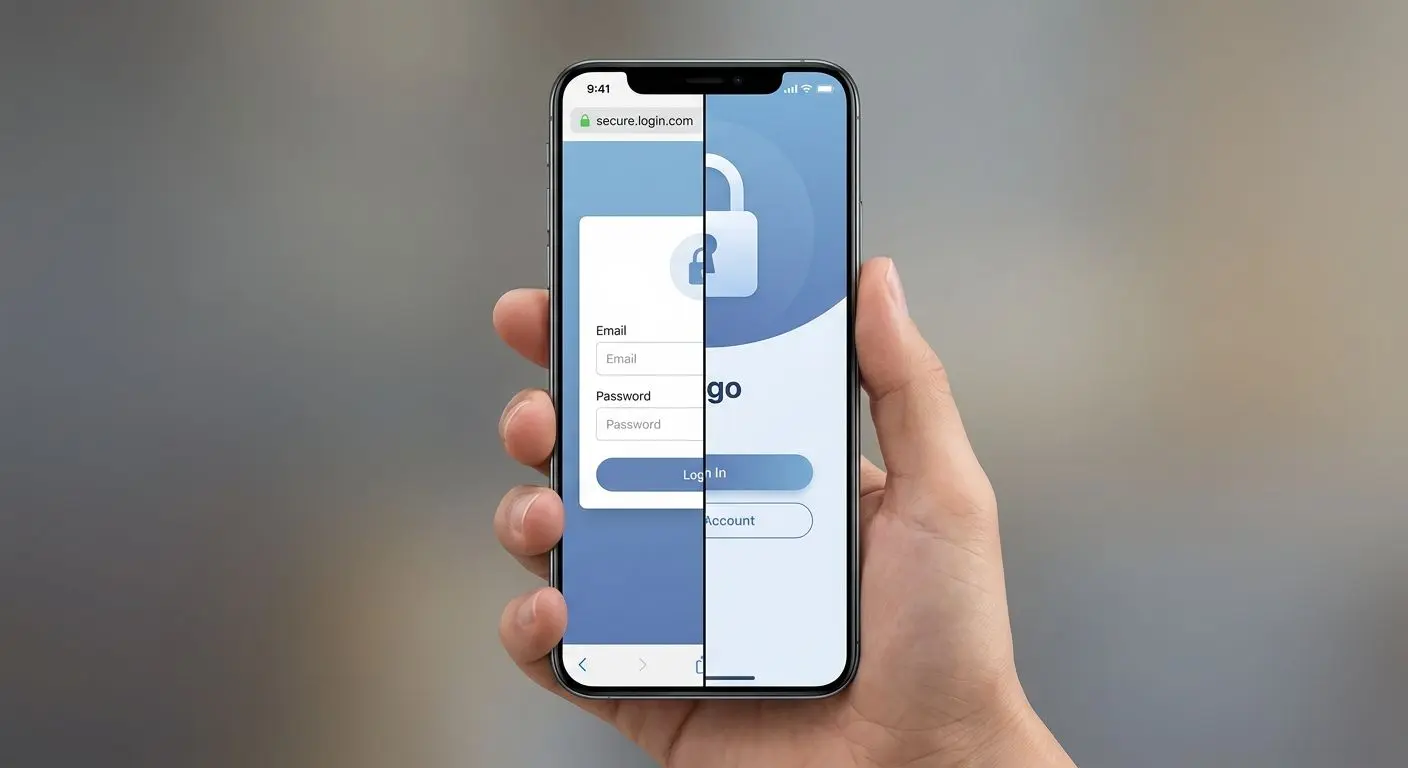 Móvil con pantalla de login mostrando acceso por navegador y app