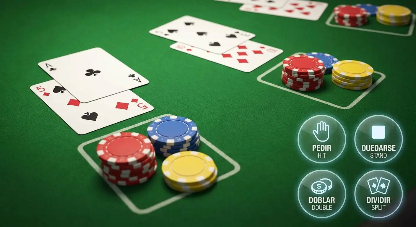 Cartas y fichas de blackjack con iconos de acciones principales