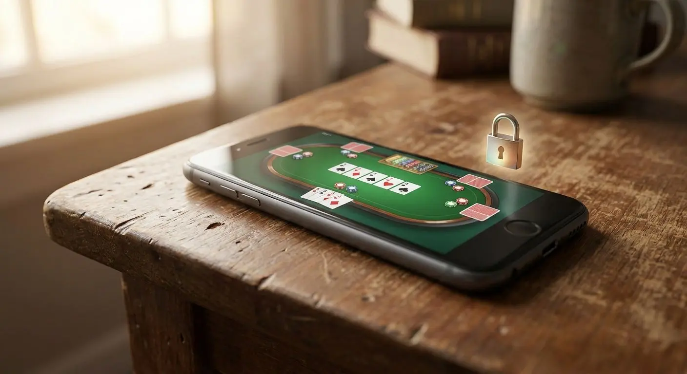 Móvil con app de póker abierta y un icono de candado simbolizando seguridad oficial