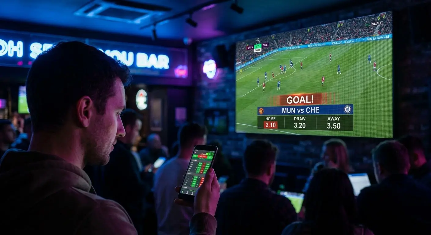 Escena de apuestas de fútbol en directo con partido en marcha y cuotas cambiantes