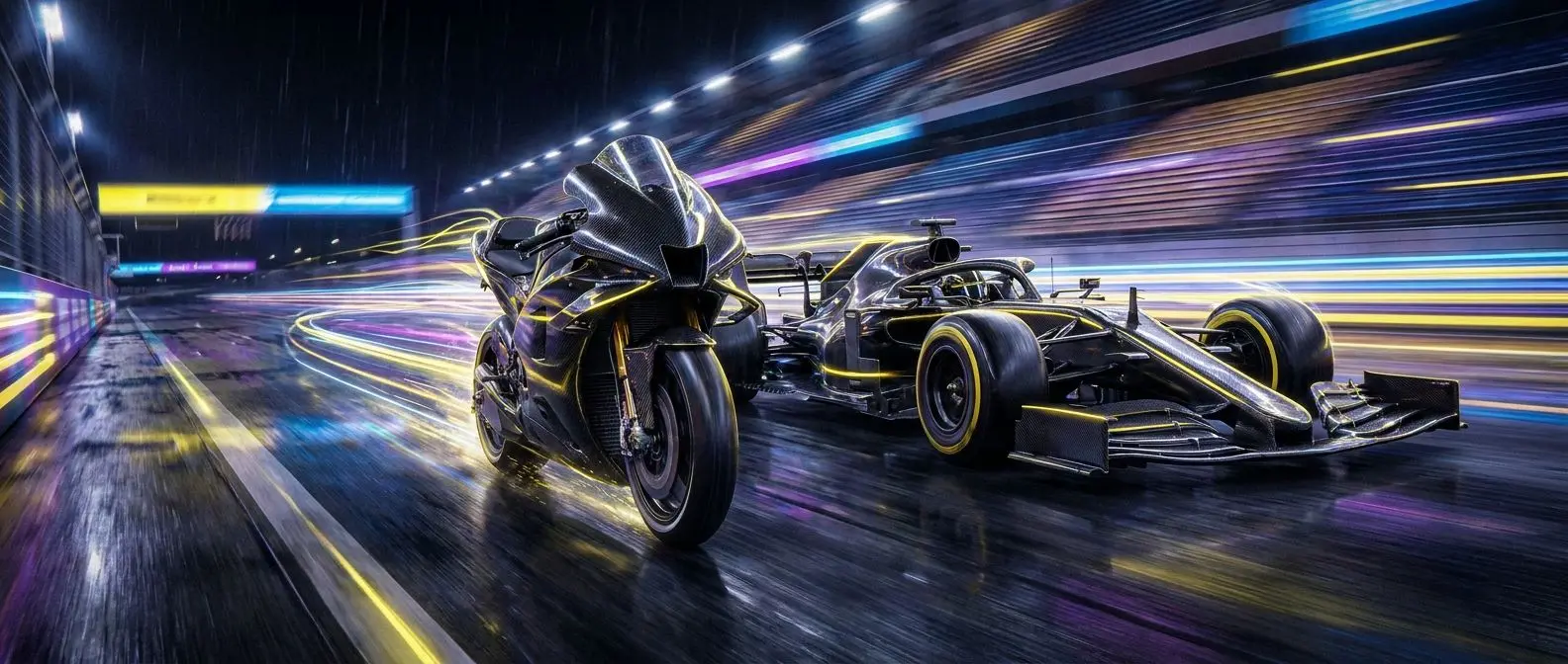 MotoGP y F1 compartiendo pista en un circuito nocturno moderno