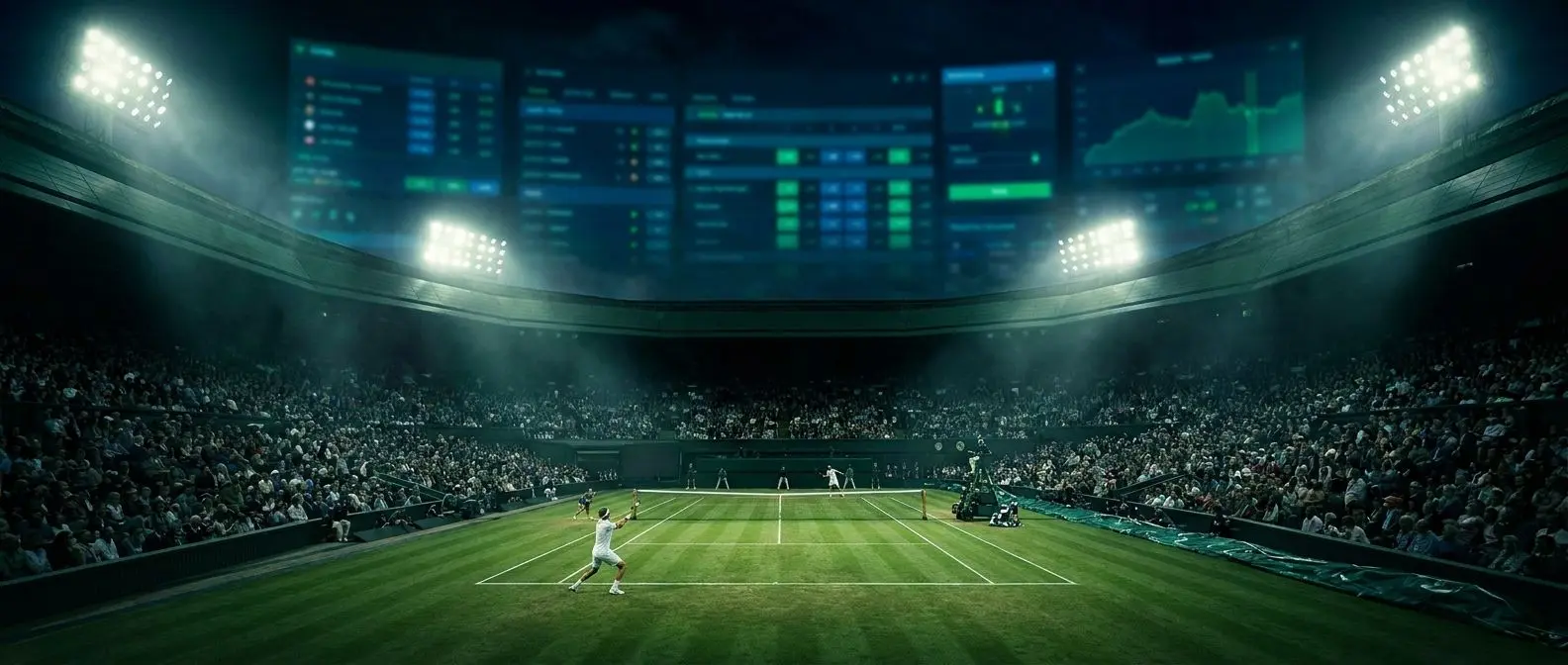 Estadio de tenis nocturno con pista de hierba y ambiente de gran torneo