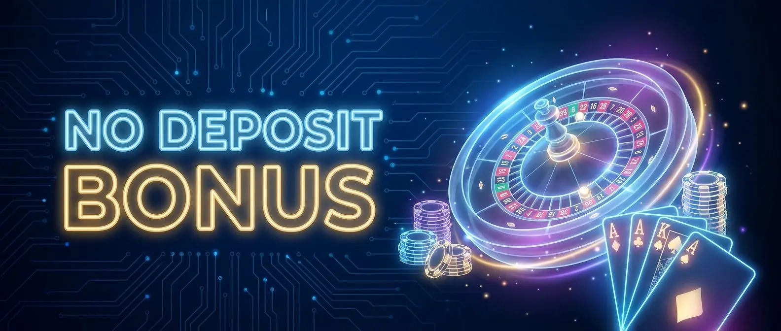 Banner ilustrado de bono sin depósito con ruleta y fichas de casino