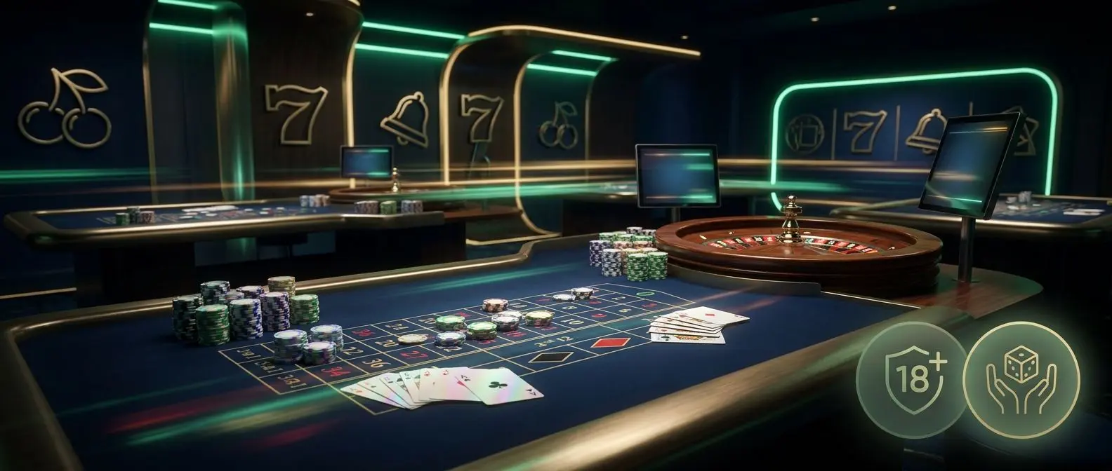 Ilustración de casino online con fichas, ruleta y cartas para bono sin depósito
