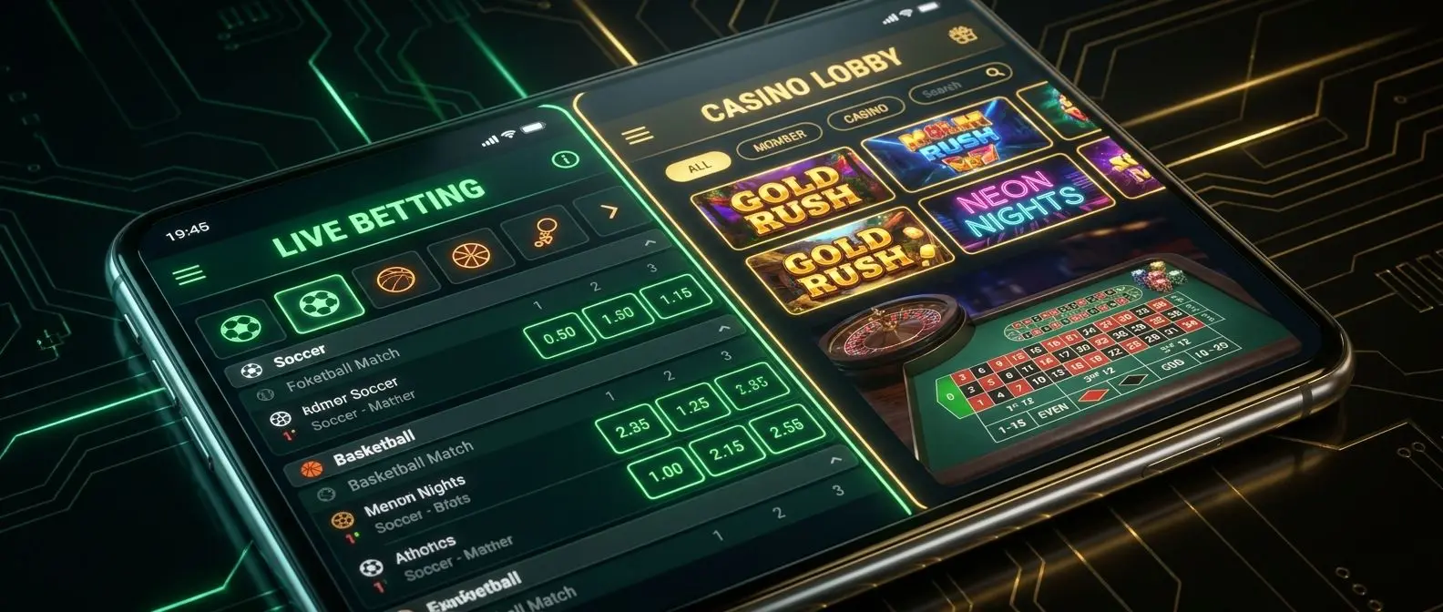Smartphone con pantalla dividida entre casino online y apuestas deportivas