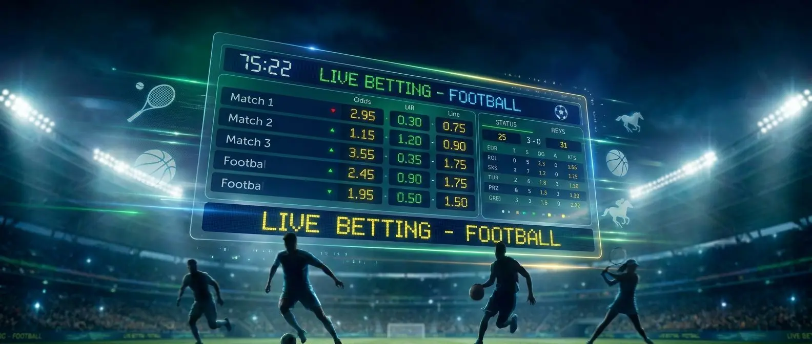 Banner de apuestas deportivas en vivo con estadio de fútbol e interfaz digital