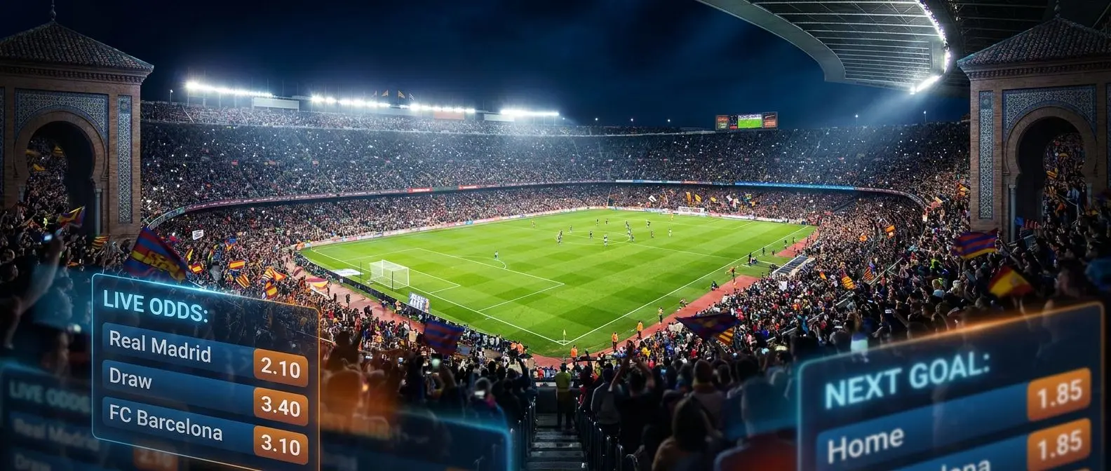 Estadio de fútbol nocturno en España con ambiente de partido y foco en el campo
