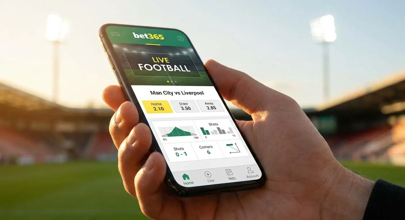Apuestas deportivas de Bwin en un móvil con iconos de live y estadísticas
