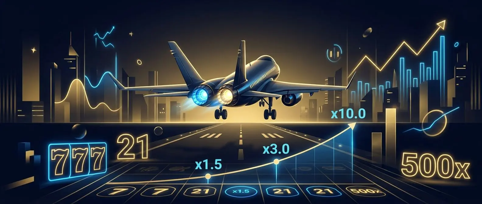 Avión despegando sobre interfaz de casino con multiplicador creciente estilo Aviator
