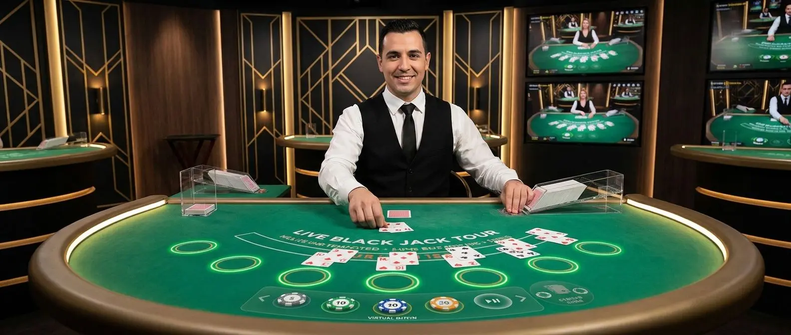 Mesa de blackjack en directo con crupier en casino online moderno