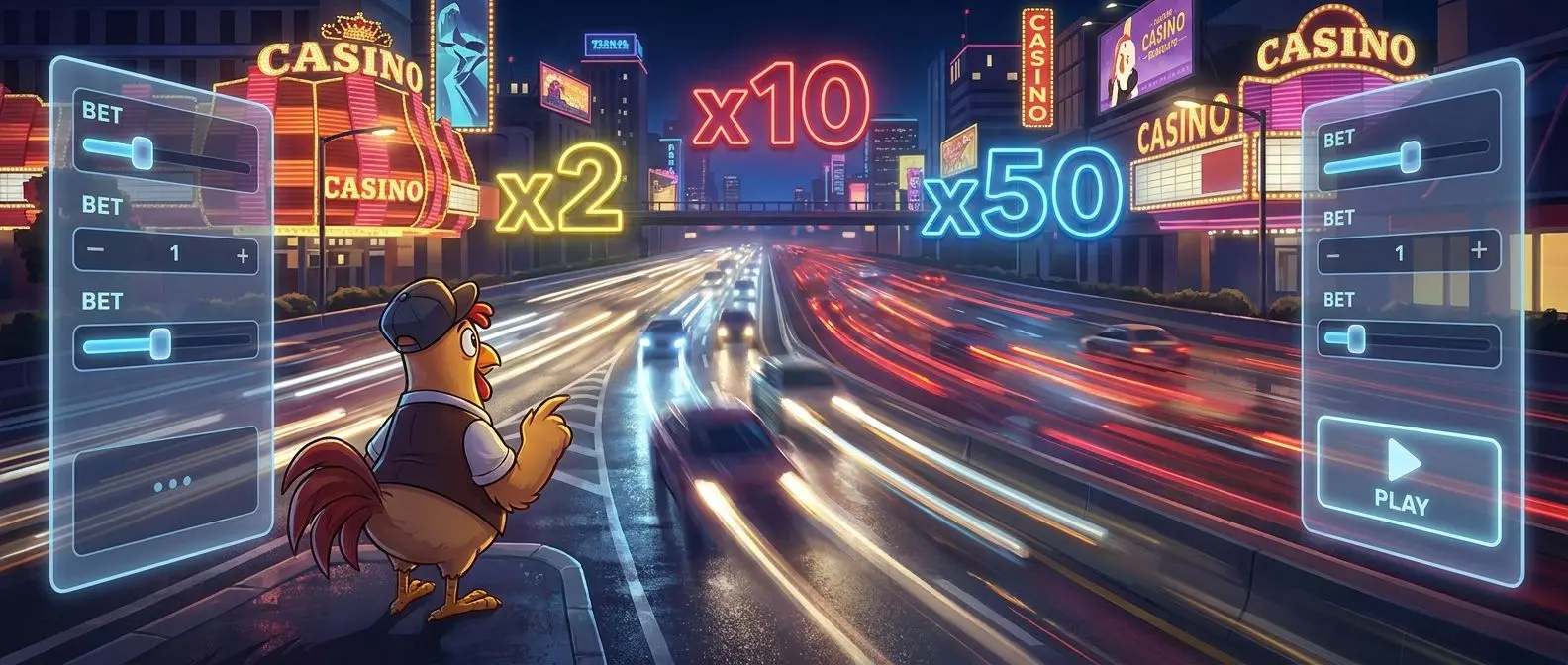 Gallina preparada para cruzar una carretera con multiplicadores de apuesta