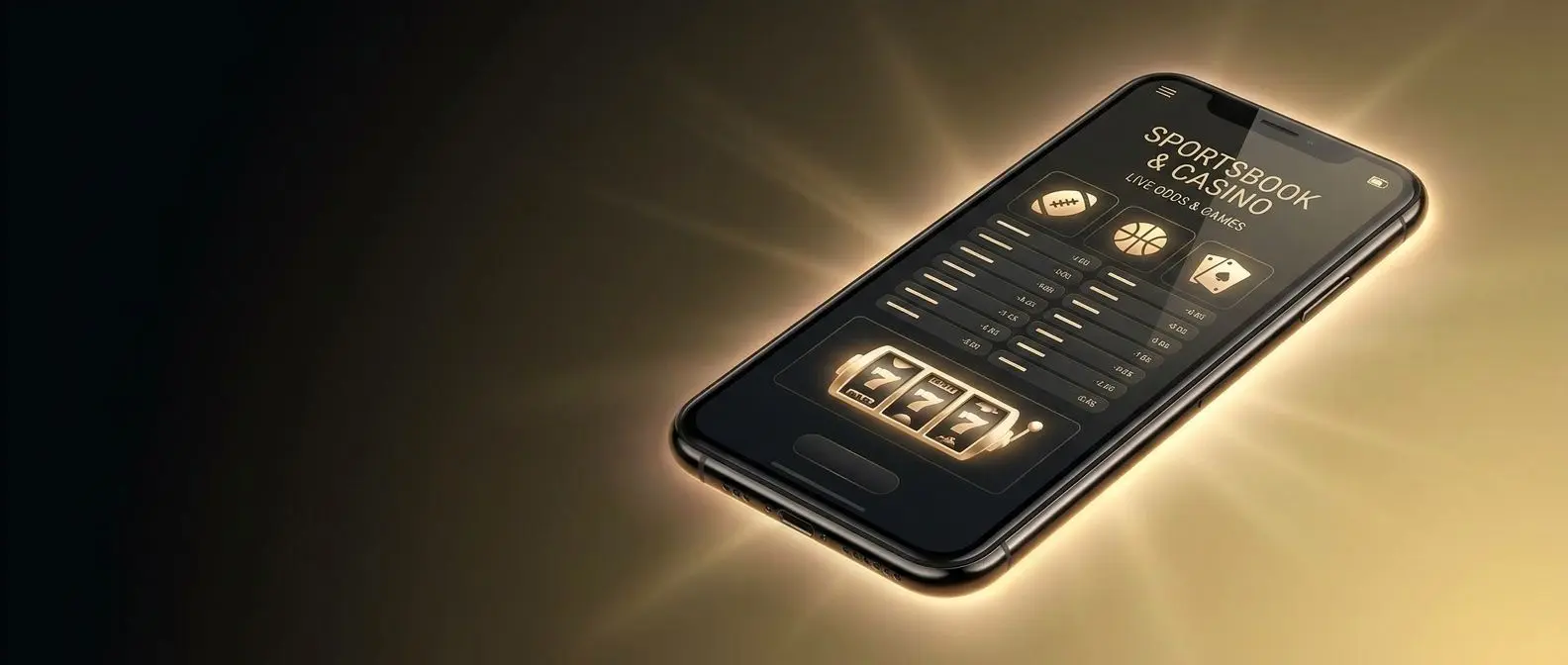 iPhone con interfaz genérica de apuestas y casino sobre fondo oscuro