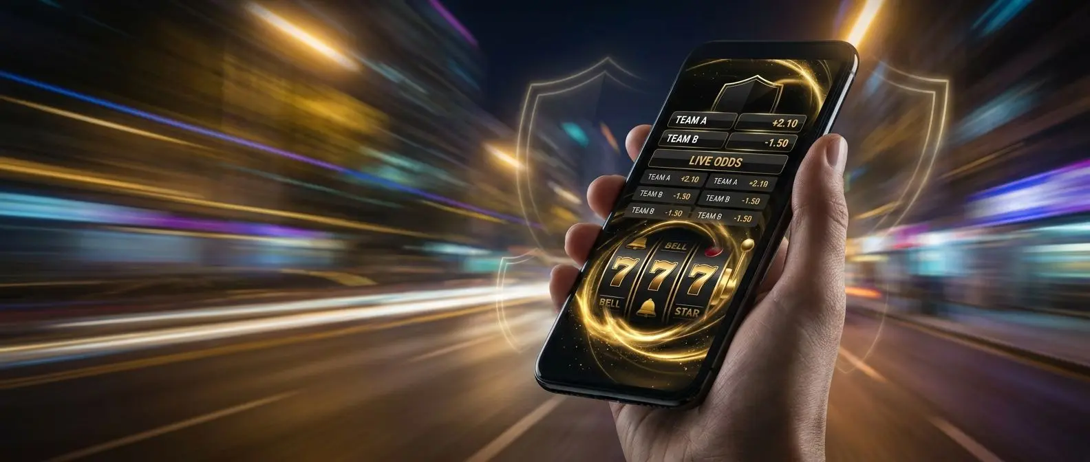 Smartphone con apuestas deportivas y casino en una escena dinámica nocturna