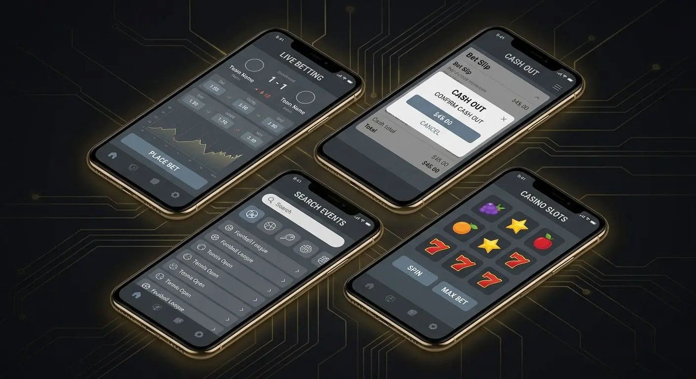 Pantallas clave de funciones en la app de apuestas y casino móvil