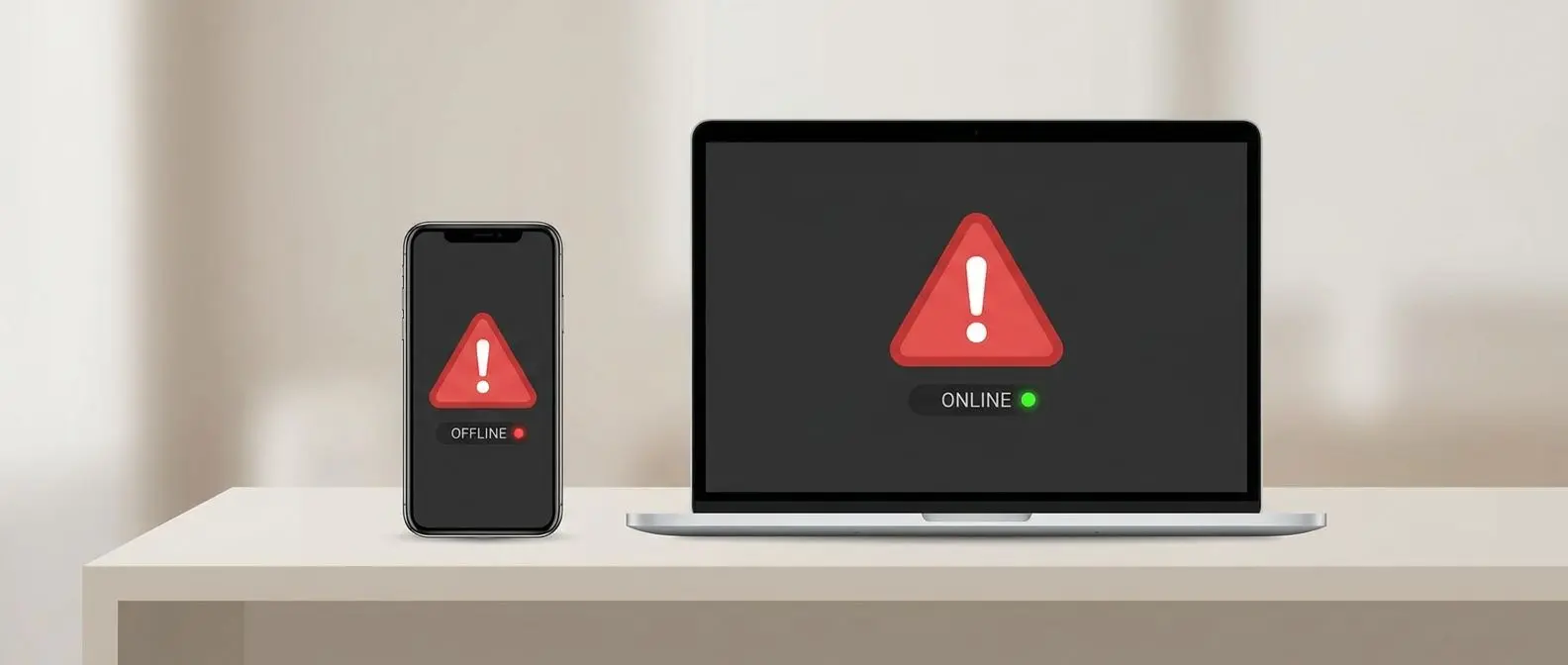 Móvil y portátil mostrando error genérico y estado online offline de Bwin