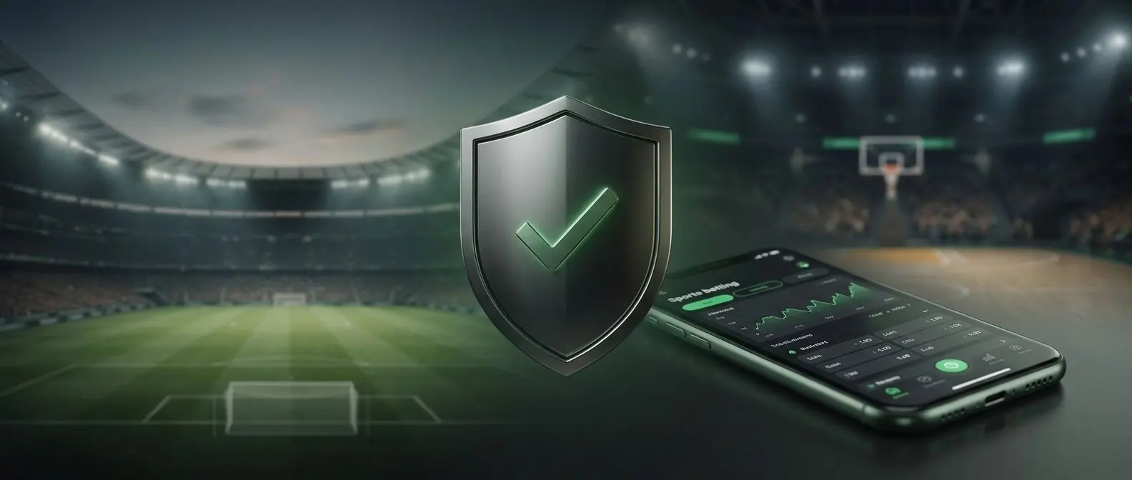Escudo de seguridad delante de un estadio deportivo como metáfora de seguridad en Bwin