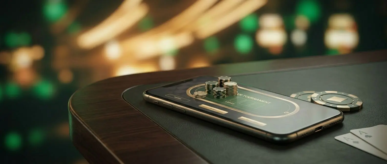 Móvil sobre mesa mostrando app de póker con fichas y cartas alrededor