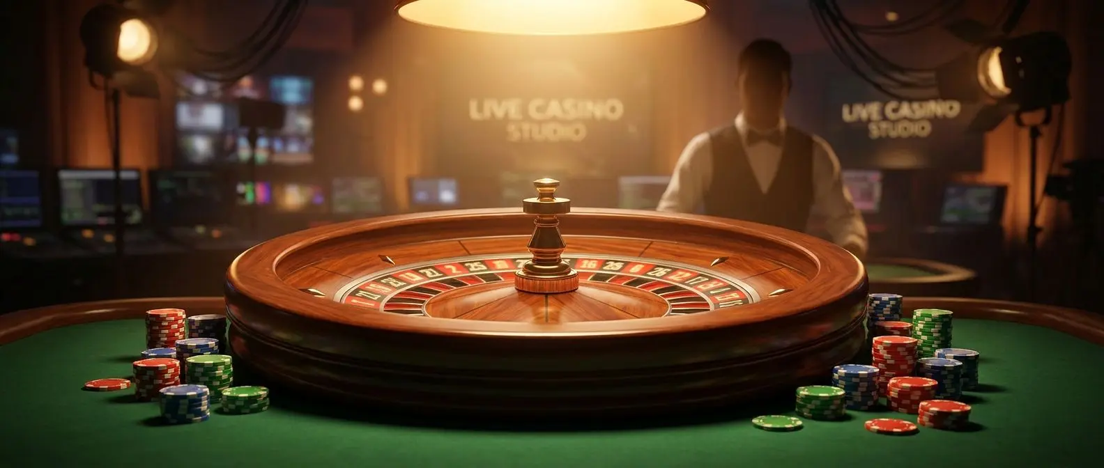 Rueda de ruleta en vivo girando sobre una mesa de casino con fichas