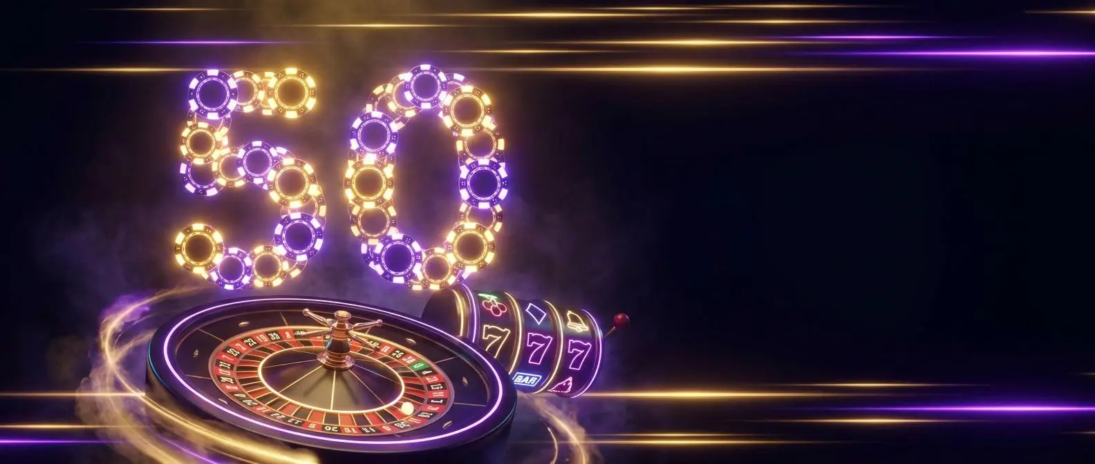 Banner de casino moderno con número 50 y elementos de tragaperras