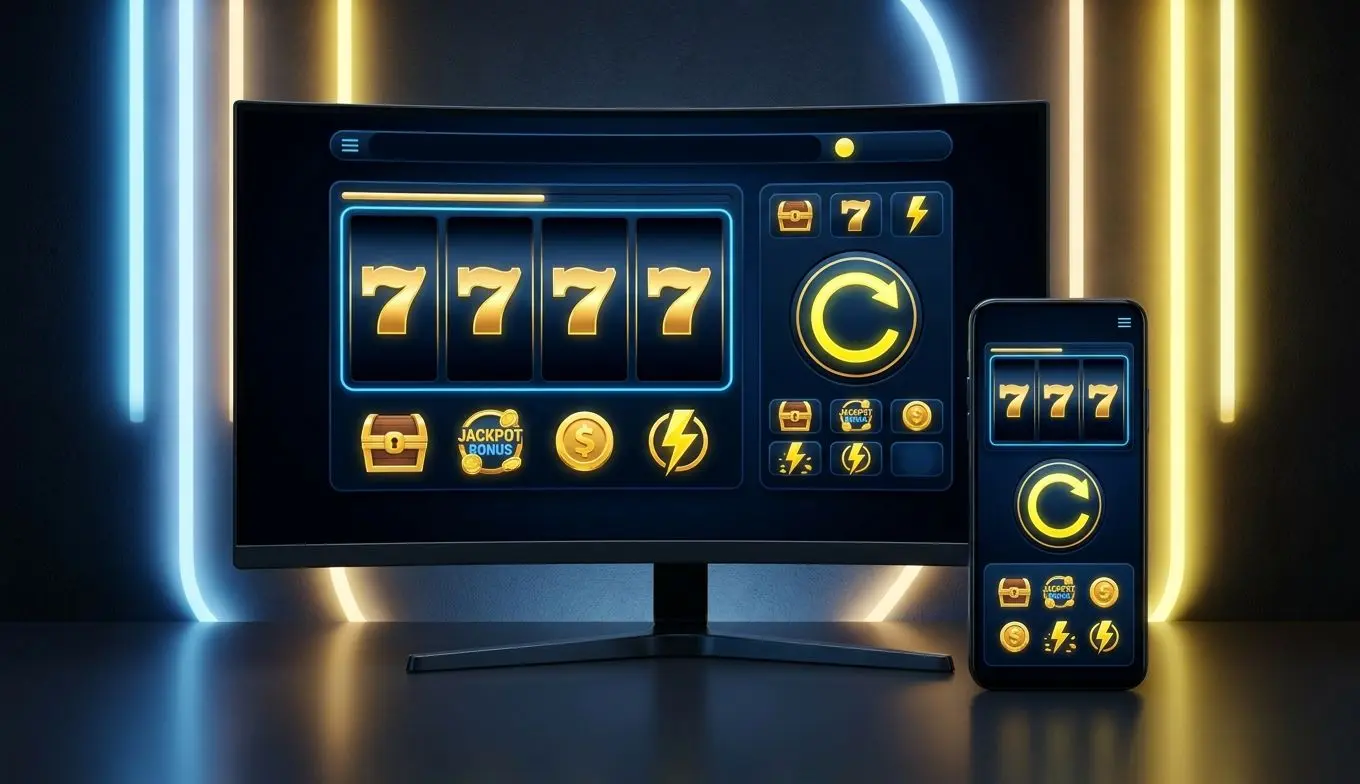 Interfaz de tragaperras de casino online en ordenador y móvil con iconos de jackpot