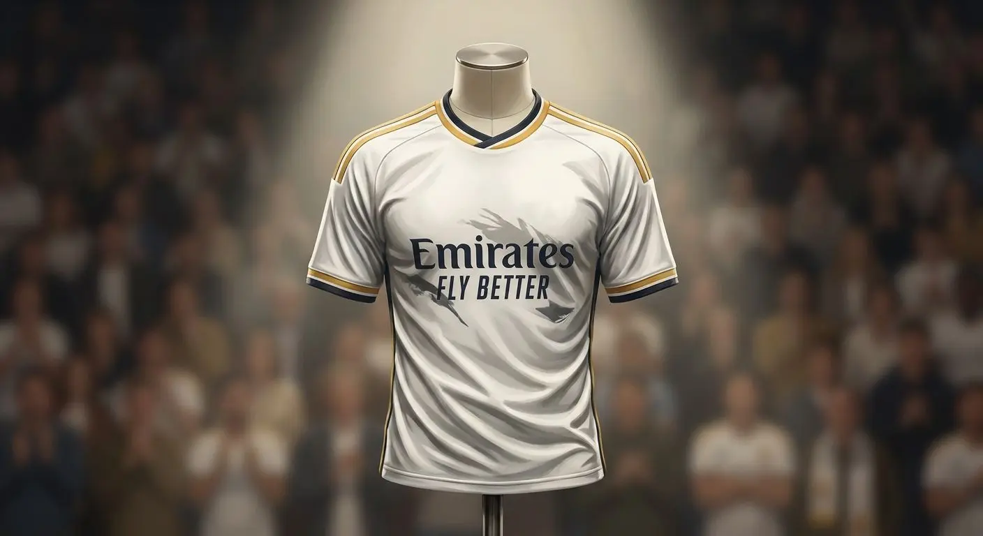 Camiseta blanca del Real Madrid en primer plano con referencia a patrocinio