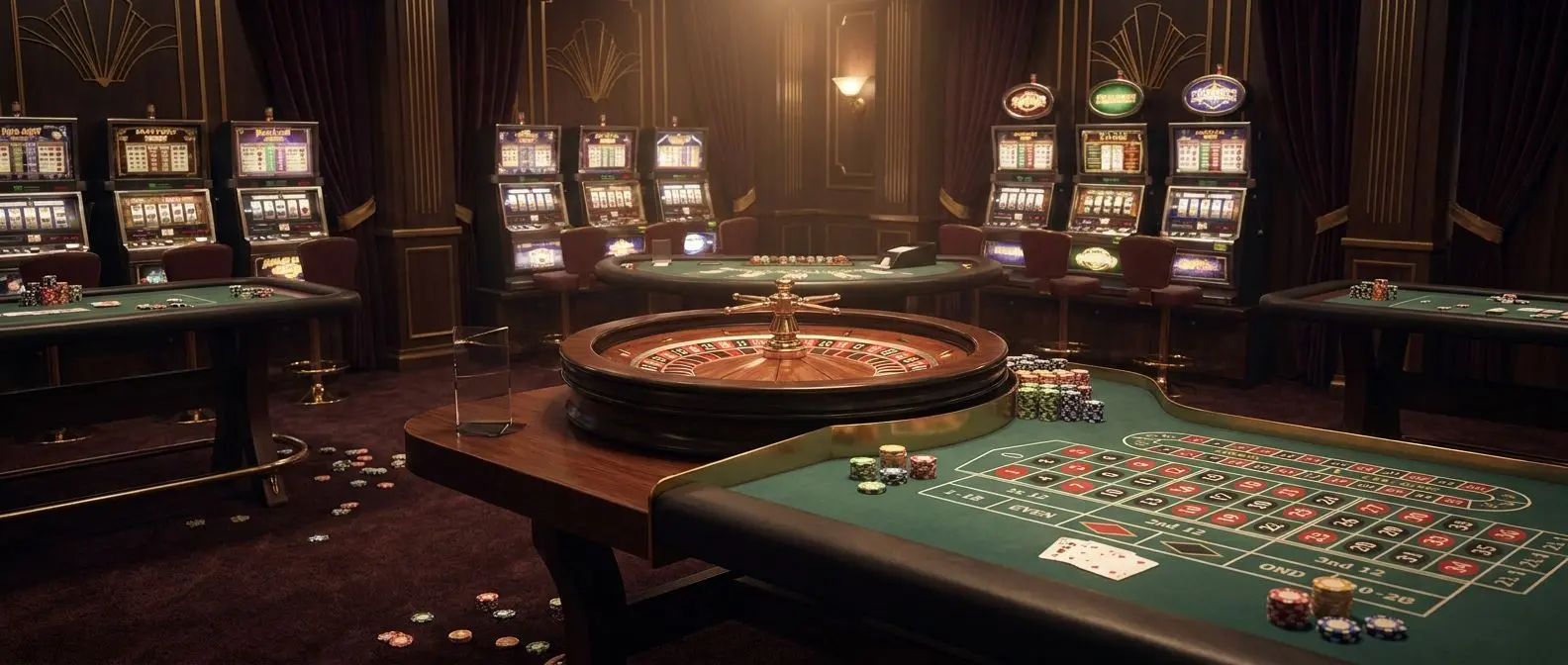 Lobby de casino online con ruleta, cartas de blackjack y tragaperras