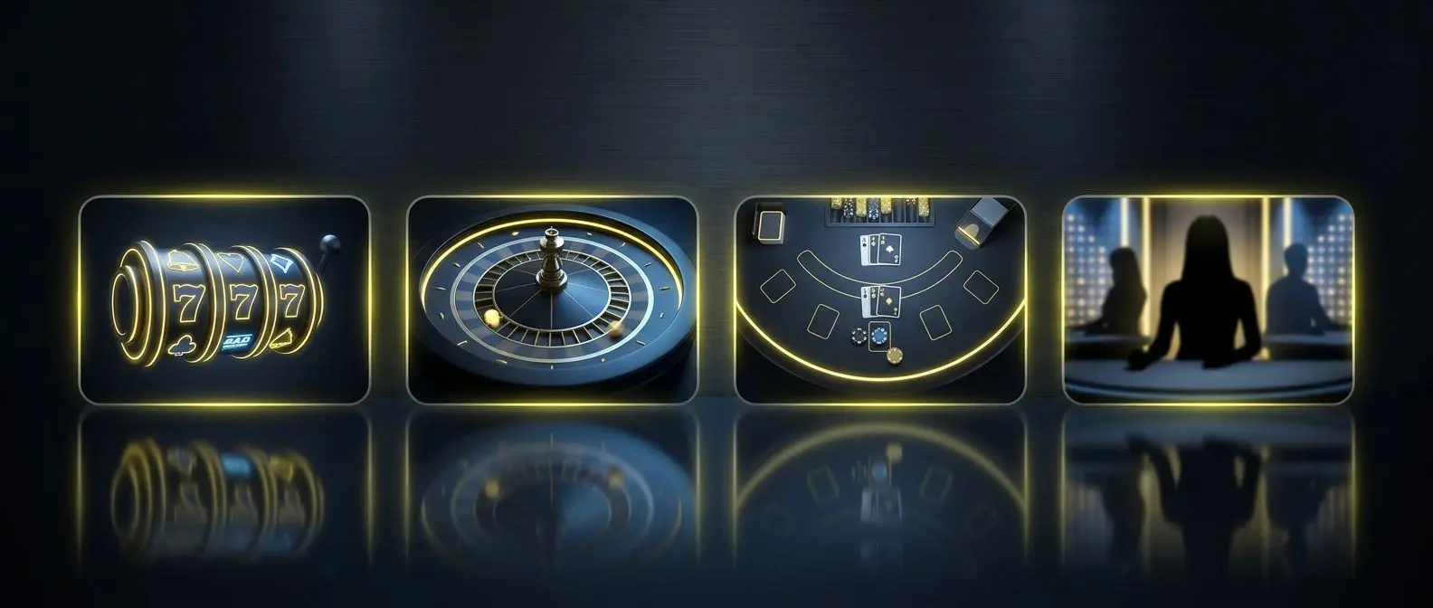 Banner con interfaz de casino online con ruleta, tragaperras, blackjack y casino en vivo