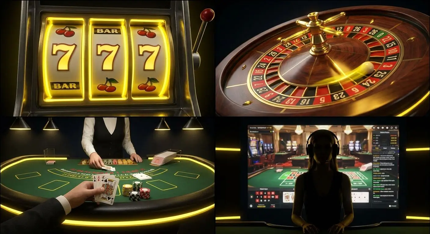 Collage de categorías del casino: tragaperras, ruleta, blackjack y casino en vivo