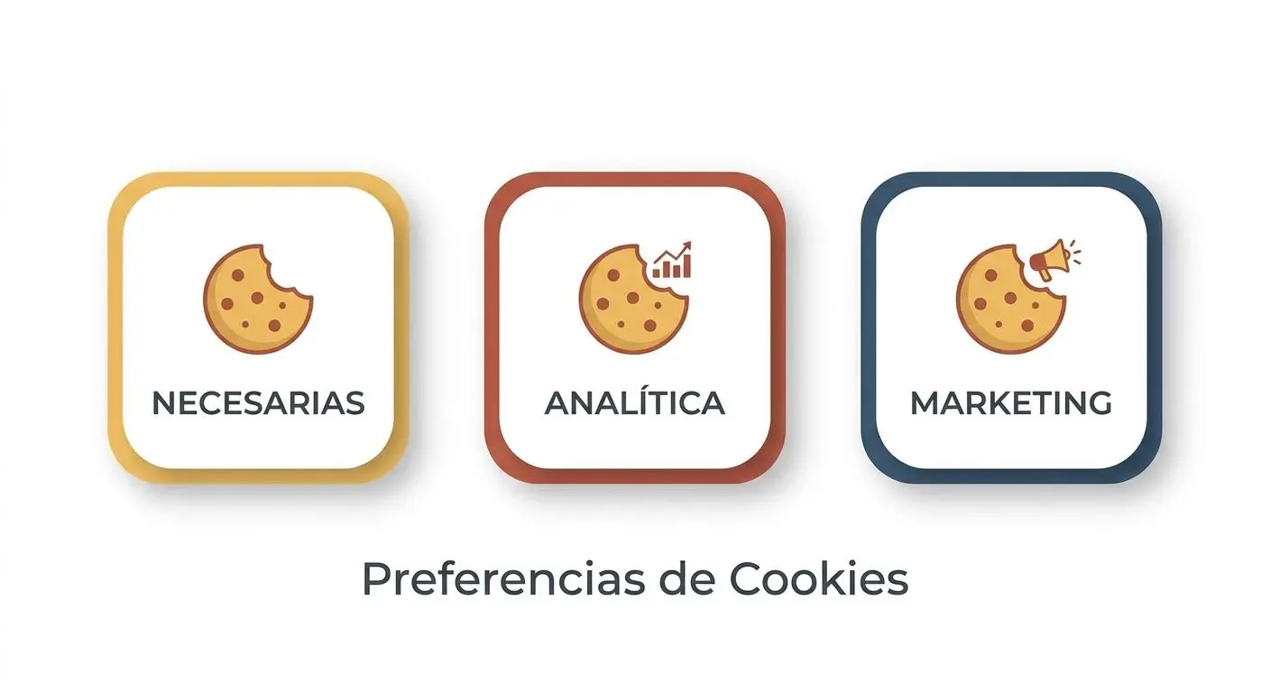 Esquema visual de categorías de cookies: necesarias, analíticas y marketing