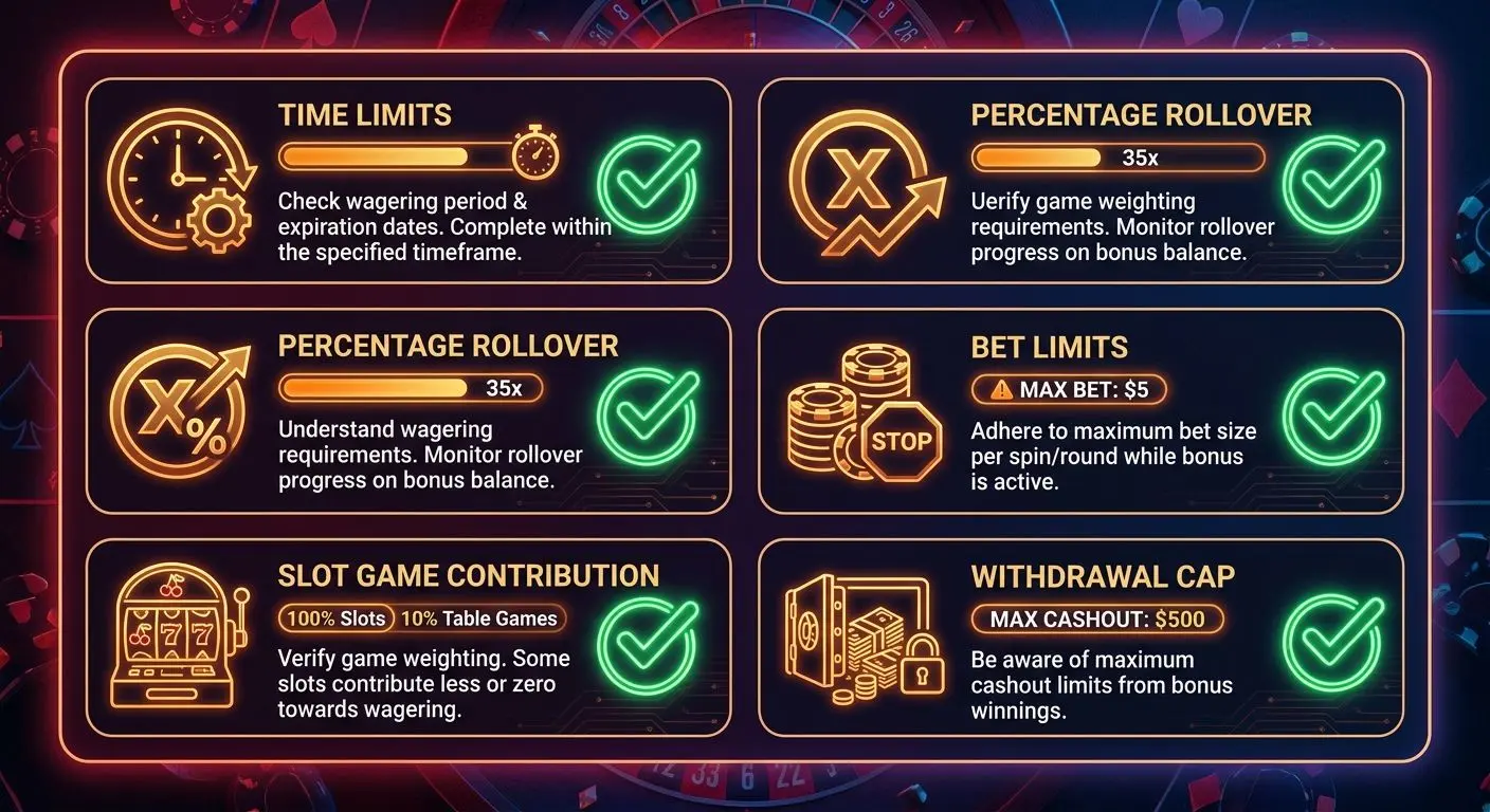 Infografía con checklist de condiciones de tiradas gratis en casino