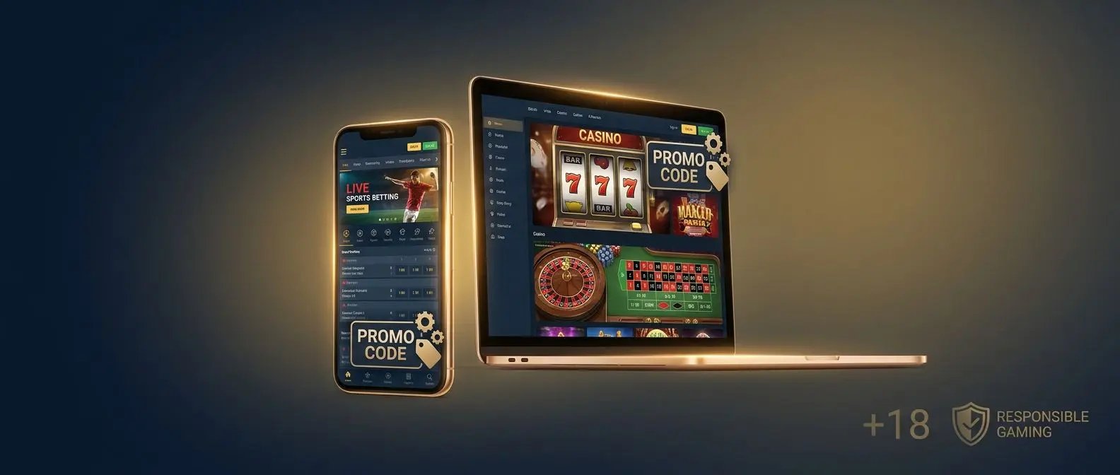 Banner con móvil y portátil mostrando interfaz de apuestas y casino con icono de código