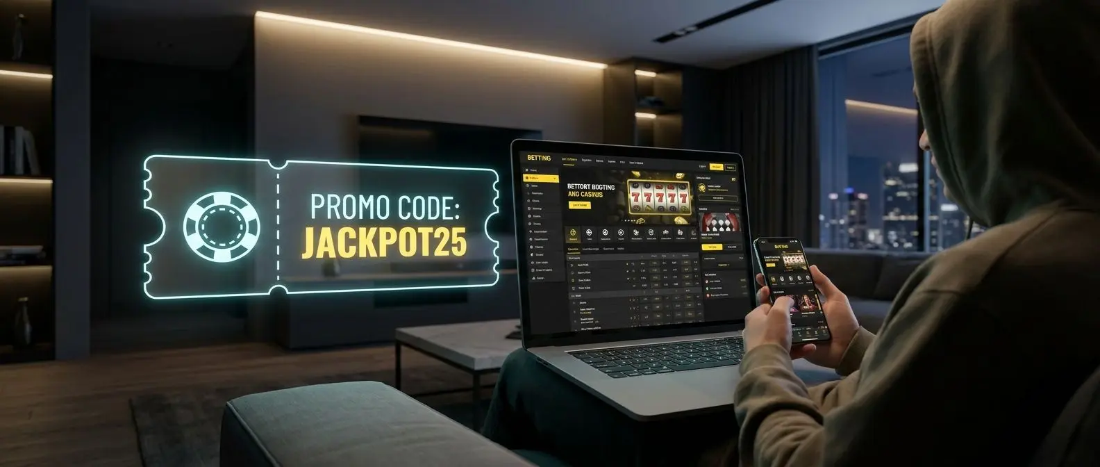 Escena principal con código promocional y pantallas de bwin en móvil y portátil