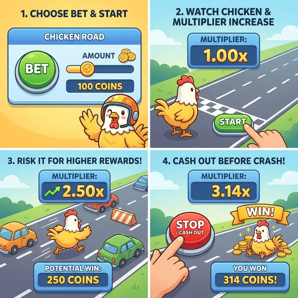 Infografía con pasos para jugar a Chicken Road en bwin