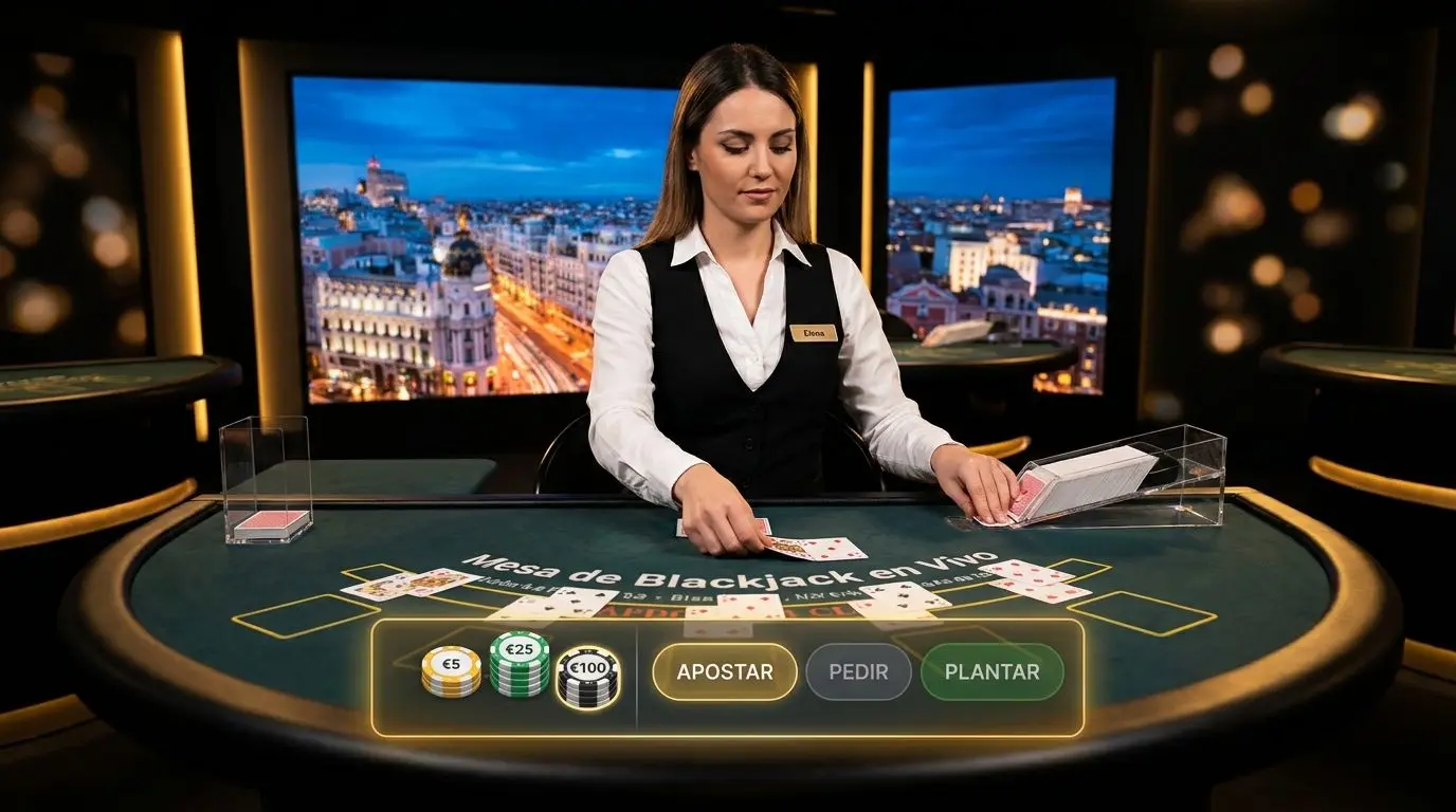 Crupier español en mesa de blackjack en directo con interfaz visible