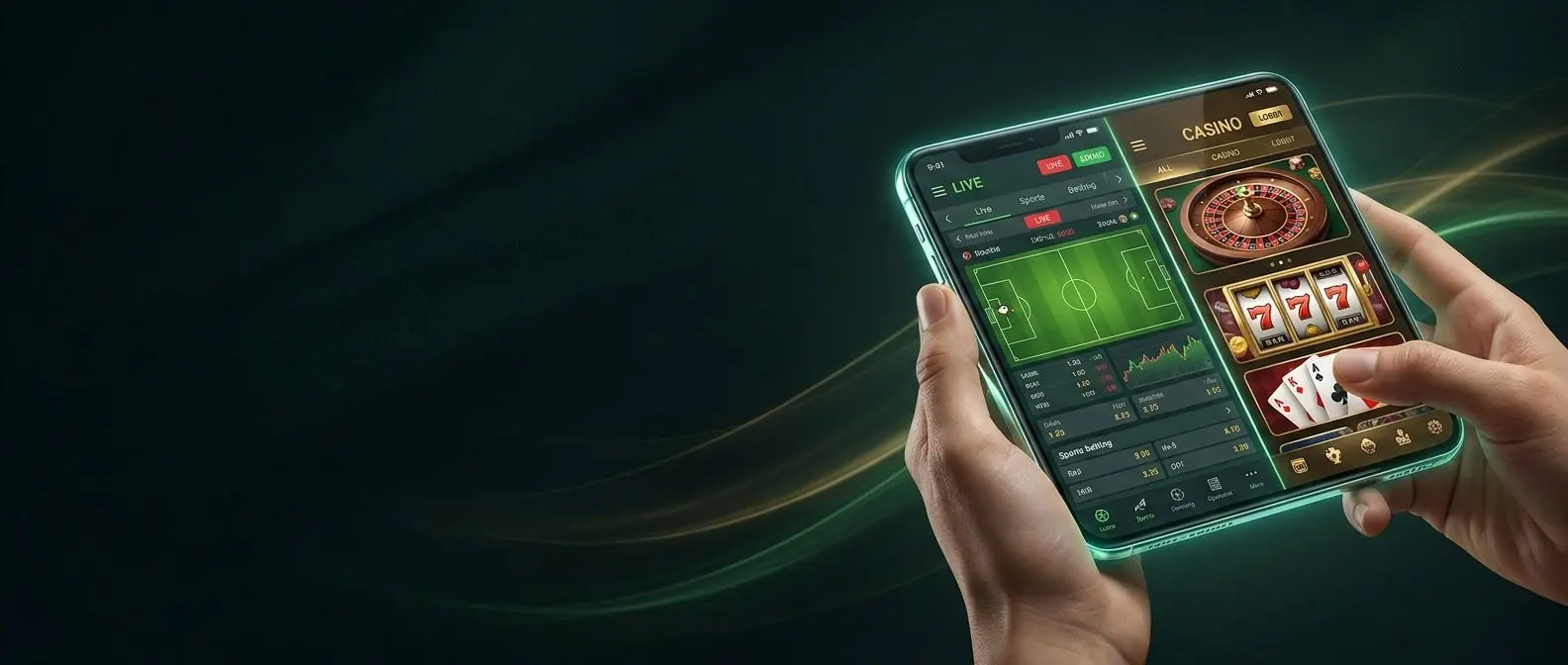 Móvil con interfaz de apuestas deportivas y casino online de Bwin en pantalla dividida