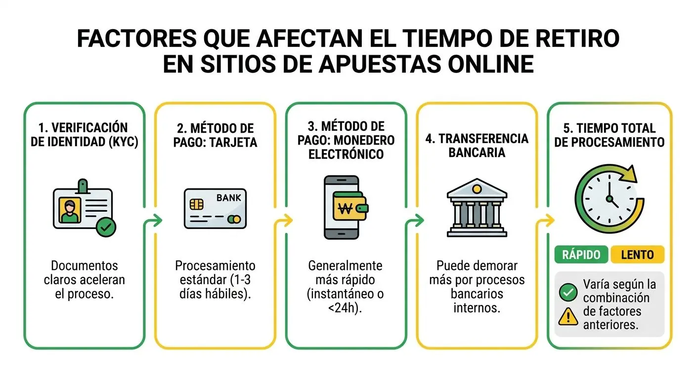 Infografía con factores que influyen en el tiempo de retirada en Bwin