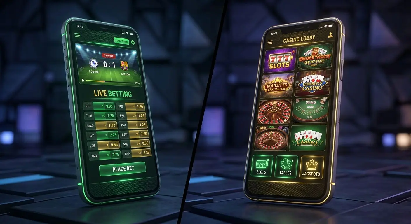 Pantallas de apuestas deportivas en vivo y lobby de casino en la app Bwin