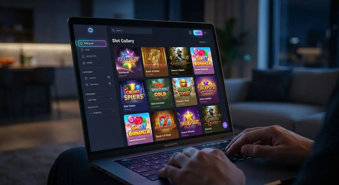 Galería de slots online con miniaturas y filtros de categorías