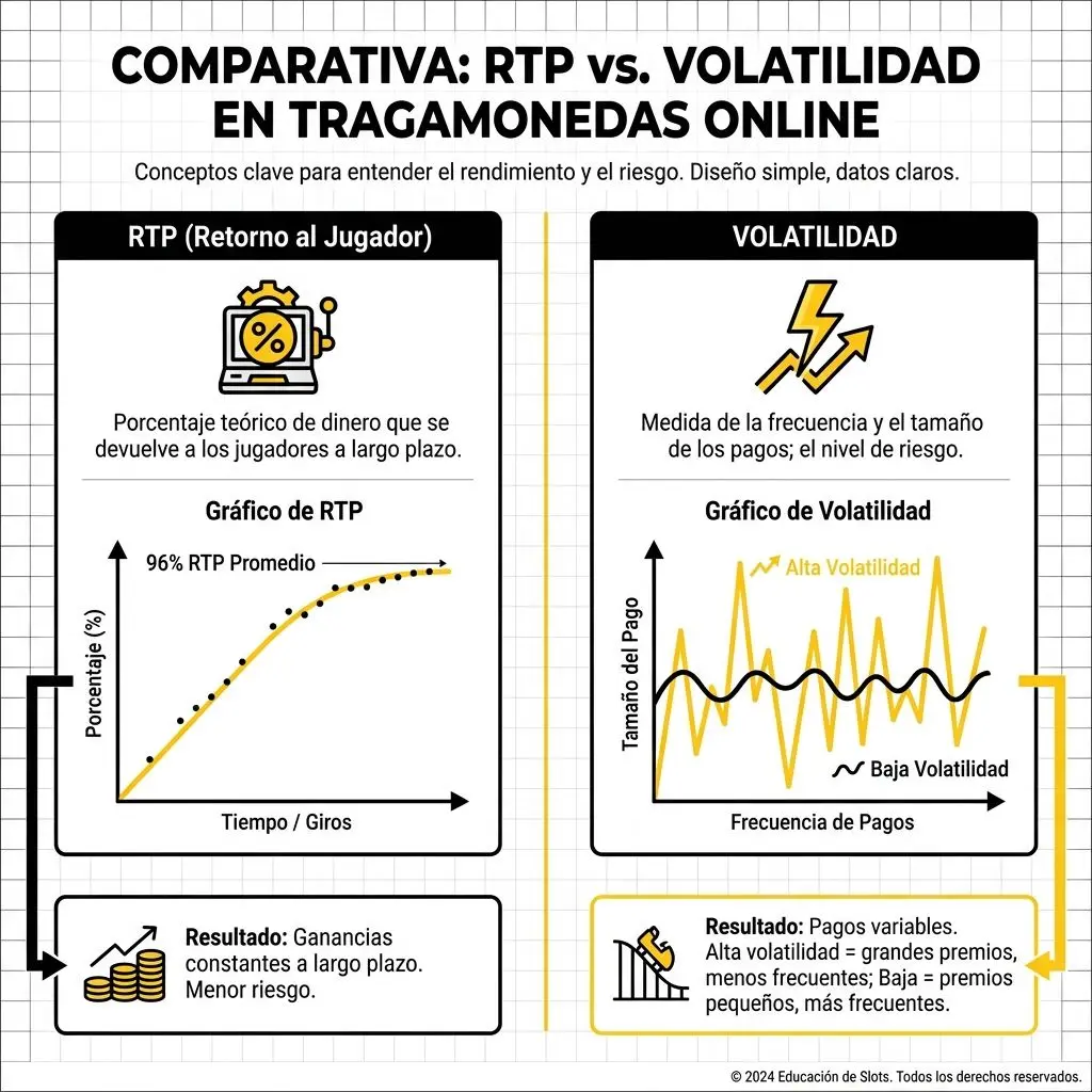 Infografía conceptual que compara RTP y volatilidad en tragaperras online