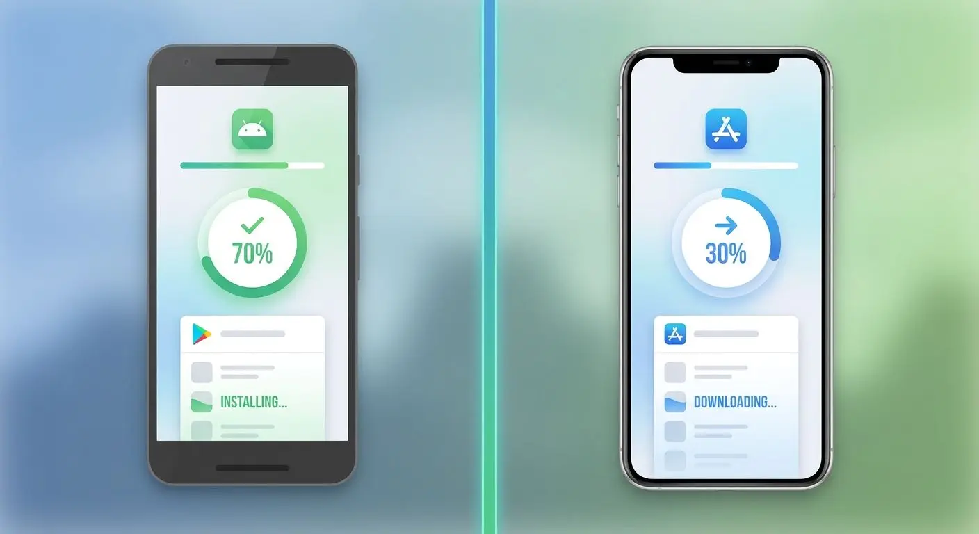 Comparación visual conceptual de instalación de app en Android y iOS