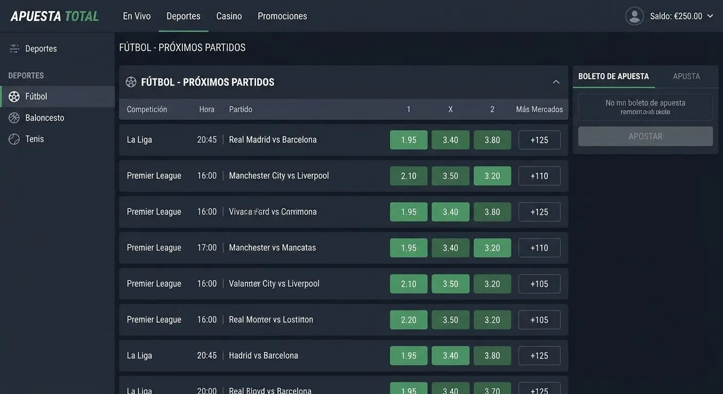 Interfaz genérica de casa de apuestas mostrando cuotas y mercados de fútbol
