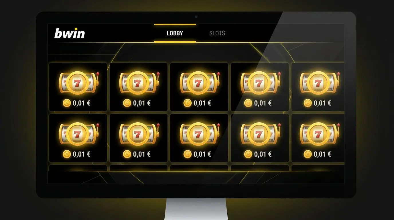 Interfaz de casino Bwin mostrando tragaperras con iconos de moneda de 0,01 €