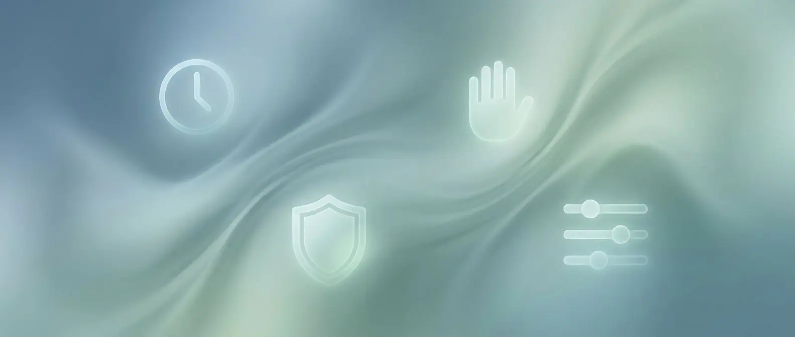 Banner de juego responsable con iconos de control, pausa y protección