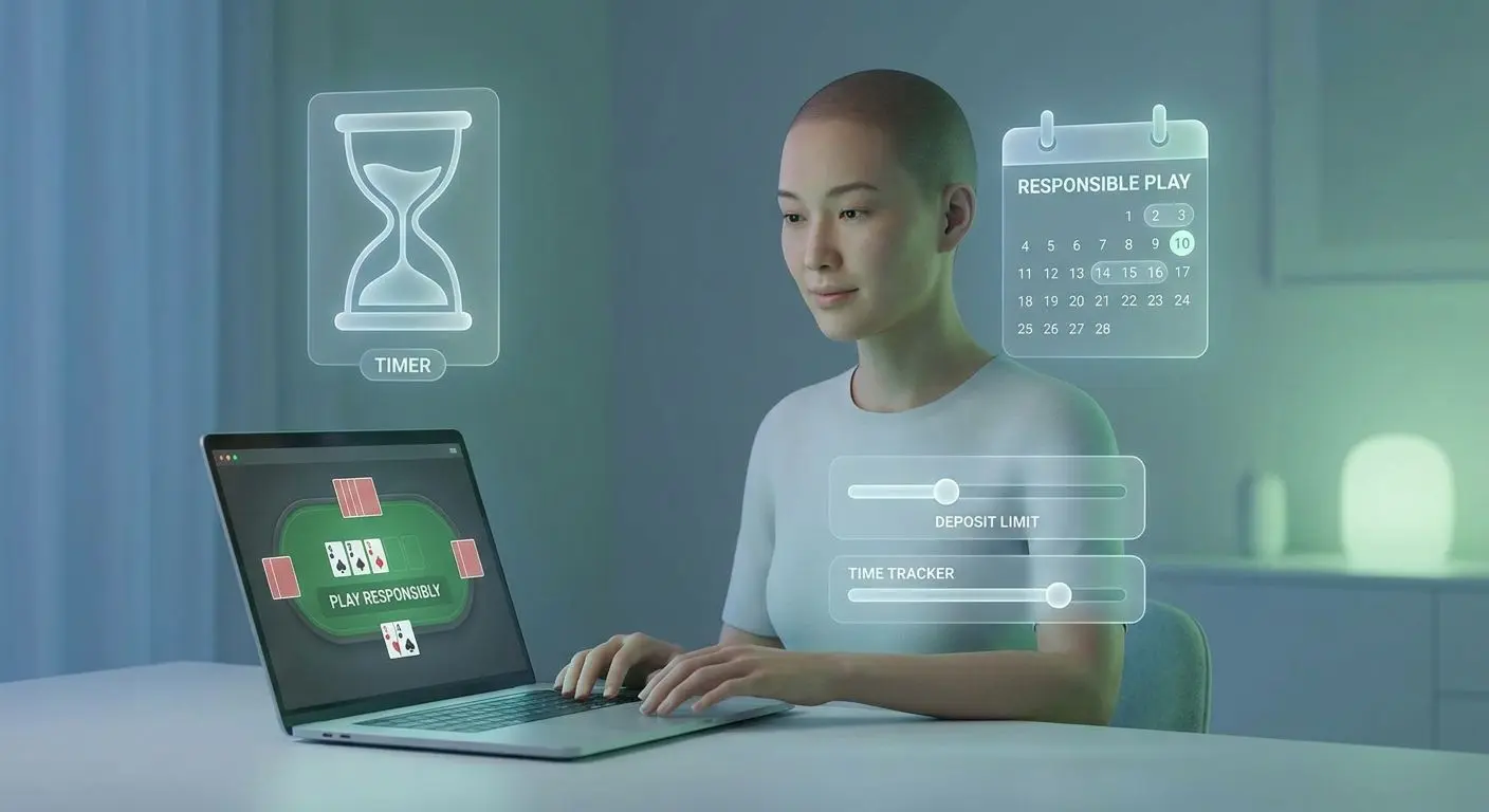 Jugador de póker online ajustando límites de tiempo y gasto en la pantalla