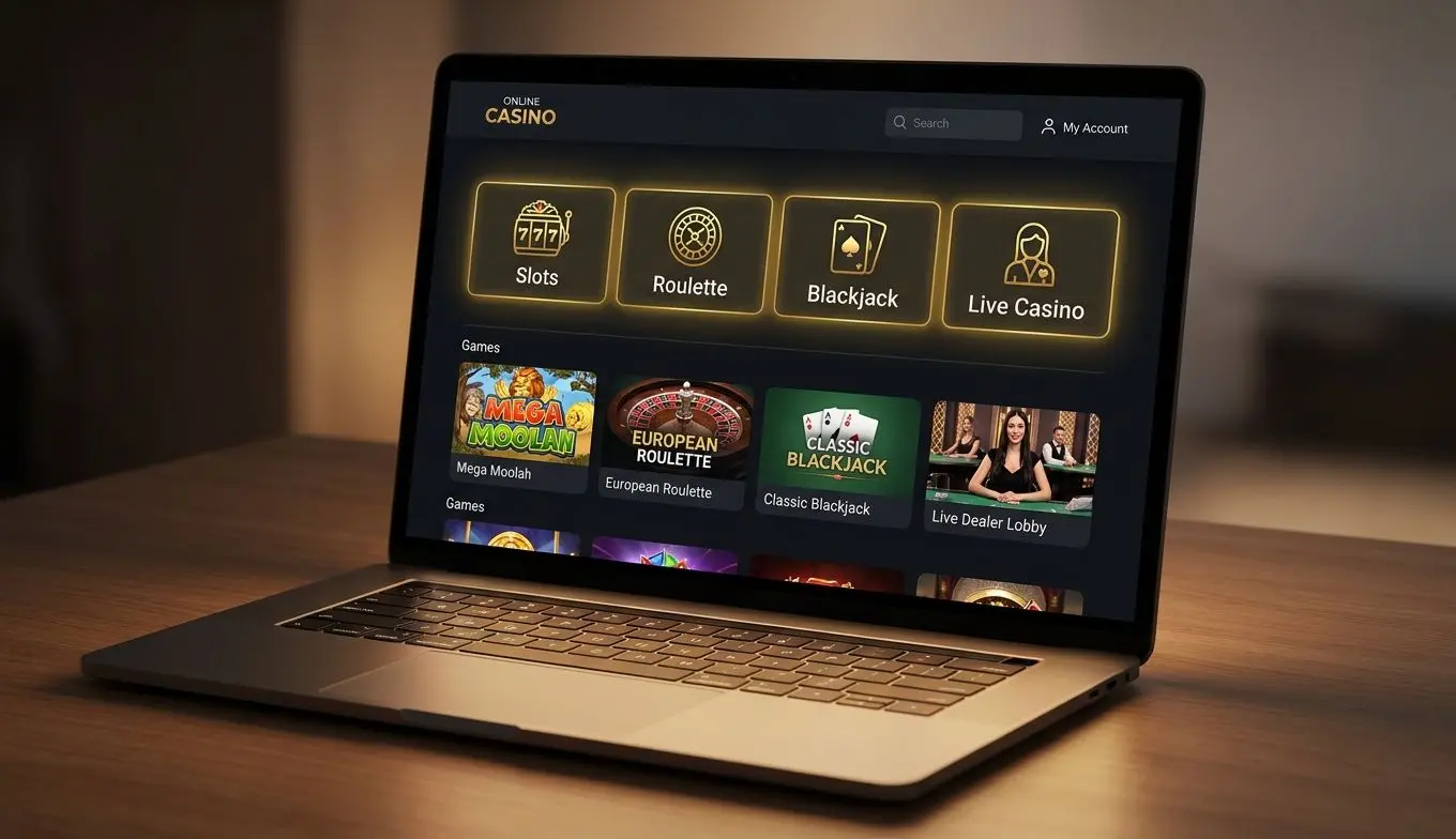 Interfaz de lobby de casino online con categorías de juegos