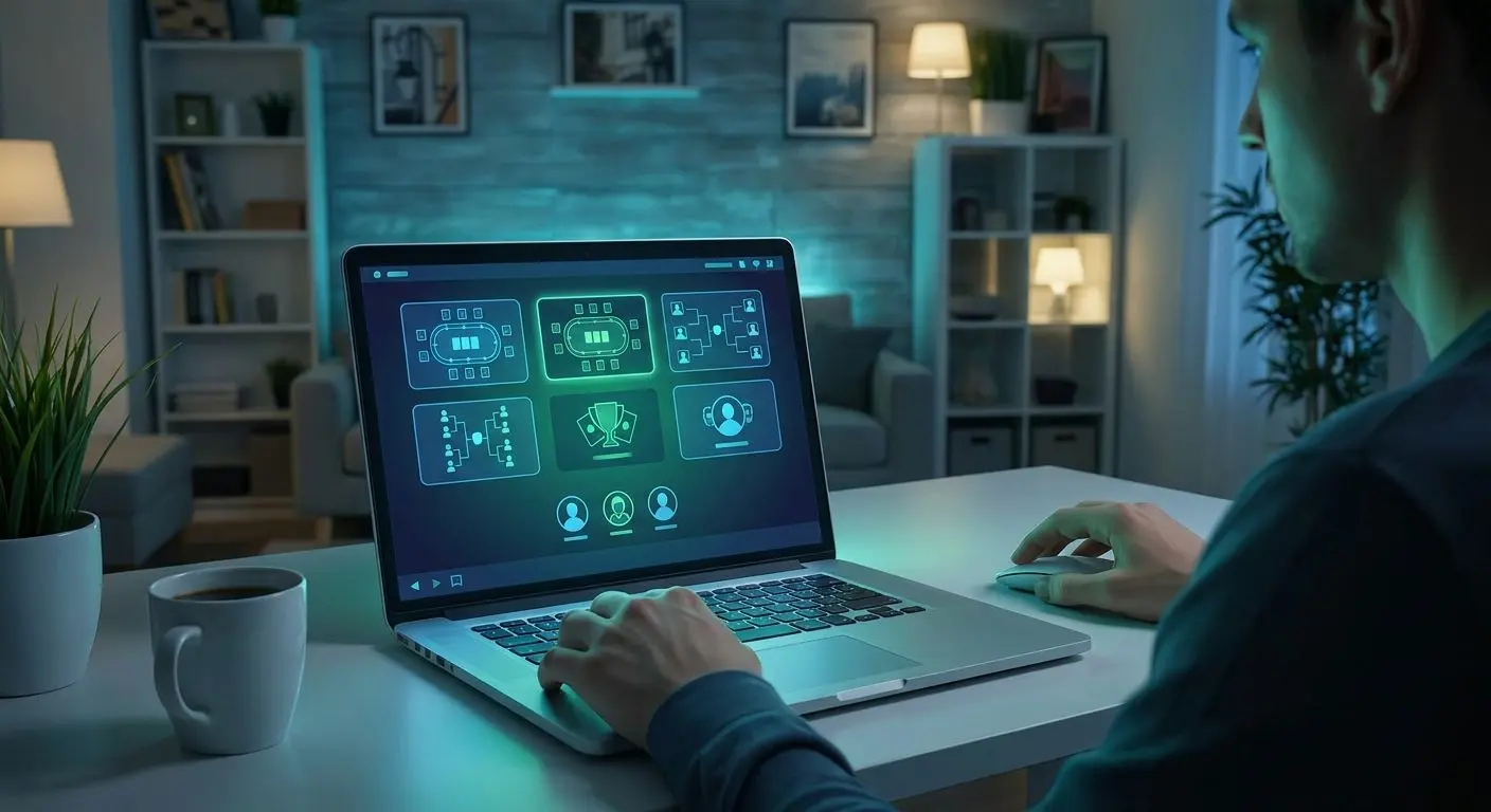 Pantalla con lobby genérico de póker online mostrando mesas y torneos
