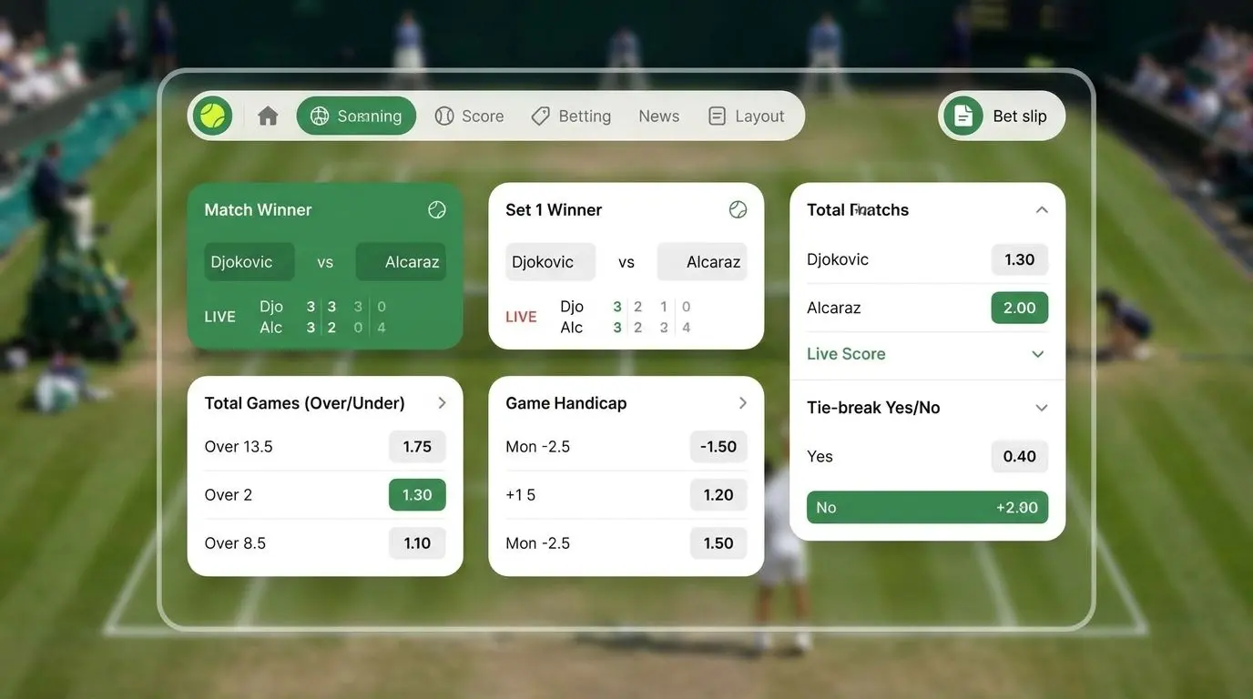 Interfaz con tarjetas de mercados de apuestas de tenis sobre pista de fondo