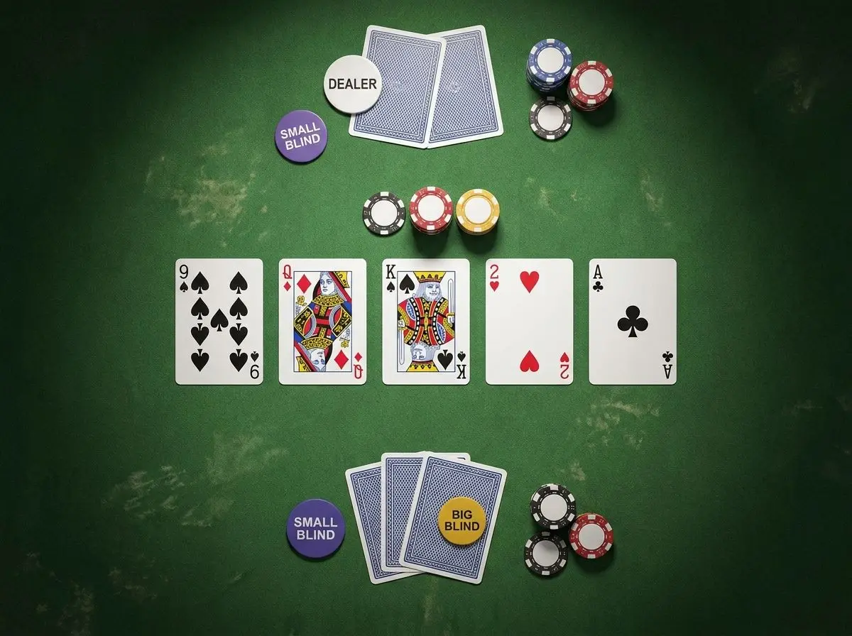 Mesa de Texas Hold’em con cartas comunitarias y posiciones de botón y ciegas