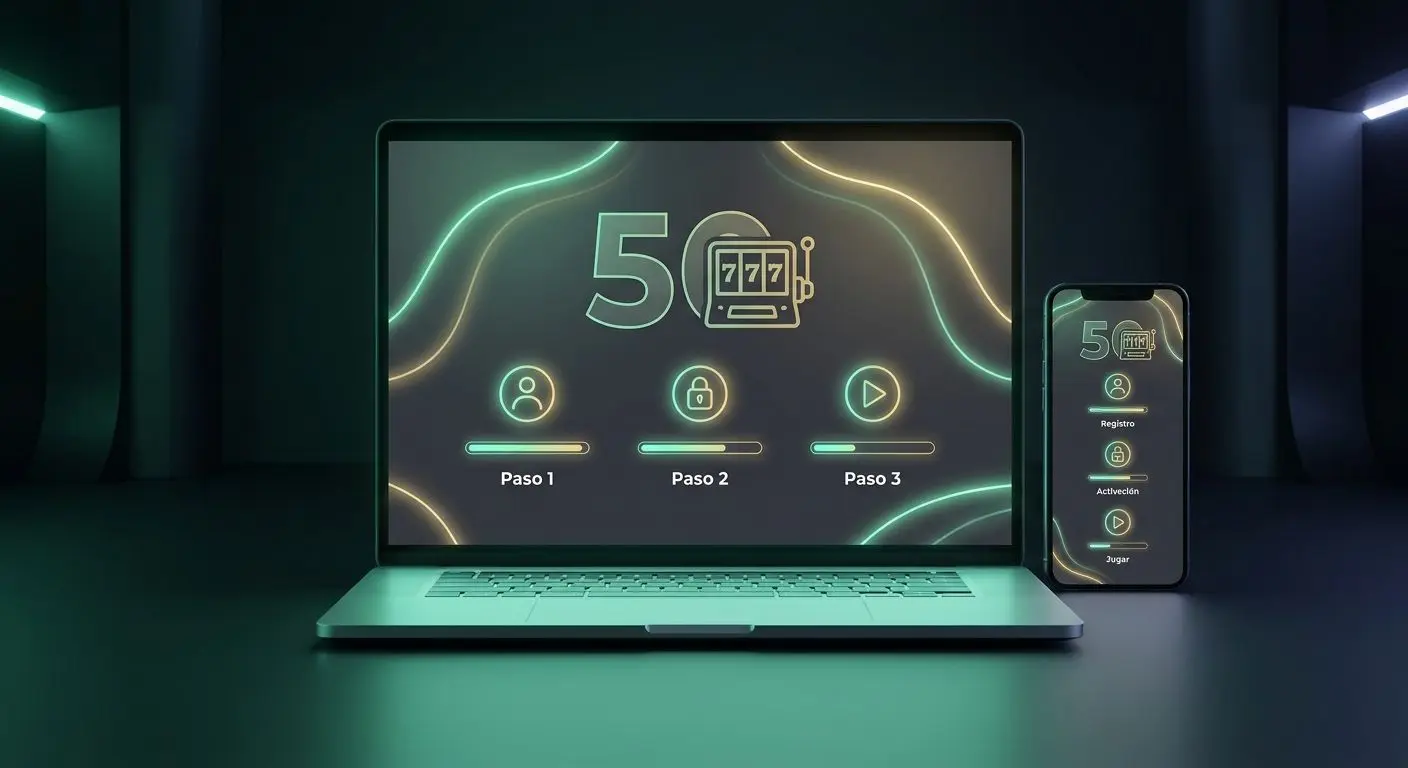 Ilustración de pasos para activar 50 tiradas gratis en casino online