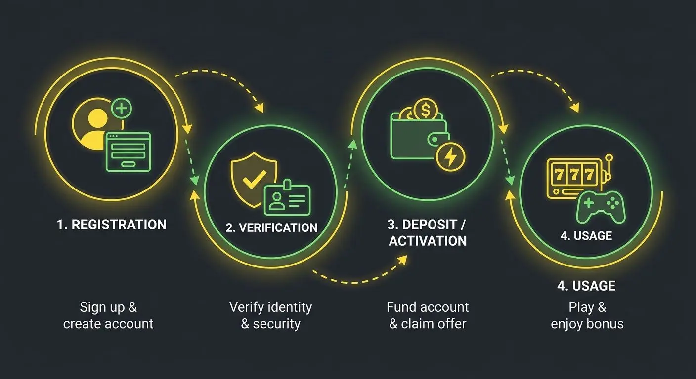 Infografía del proceso para registrar cuenta, verificar, depositar y usar un bono de apuestas